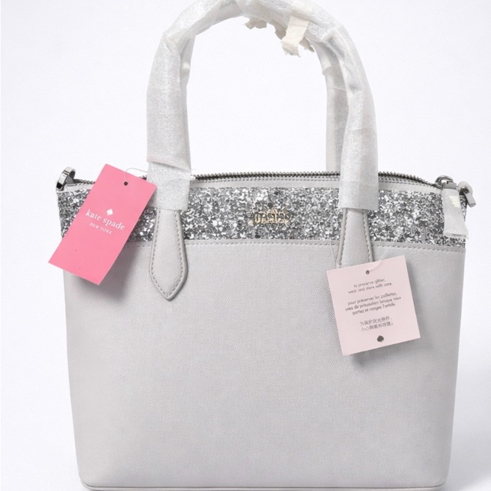 Kate Spade New York Silver Glitter Satchel Gray Leather Handbag NWT